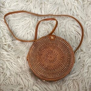 Round Woven Tan Crossbody Bag